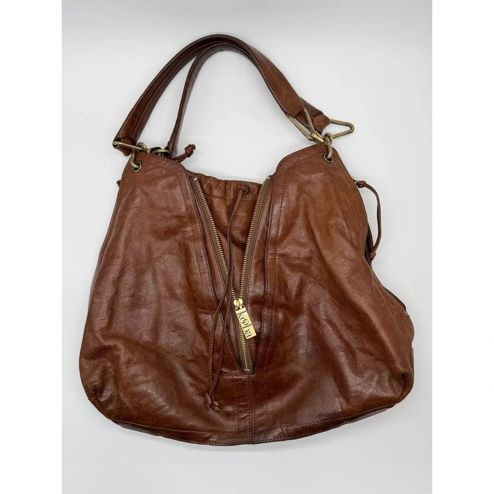 Kooba Hobo Bag Womens Large Brown Leather Multi Zip Slouchy Shoulder Bag